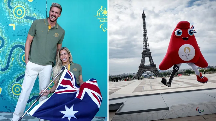 Australians with flag and Paris 2024 mascot near Eiffel Tower.