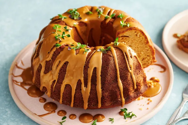 Spiced Pear and Thyme Cake with Biscoff Drizzle