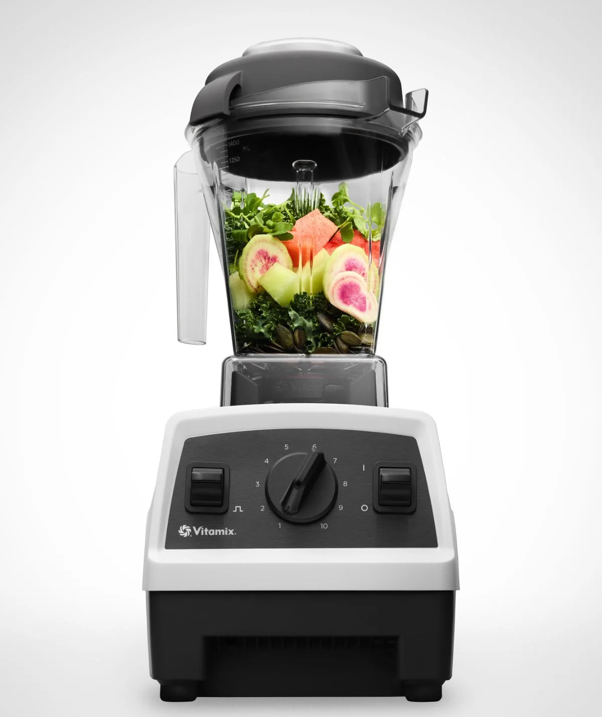 Delicious blend of whole foods in a white vitamix blender.