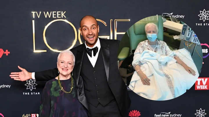 "Two people pose for a photo on the Logie Awards red carpet; an inset shows one of them in a hospital setting."