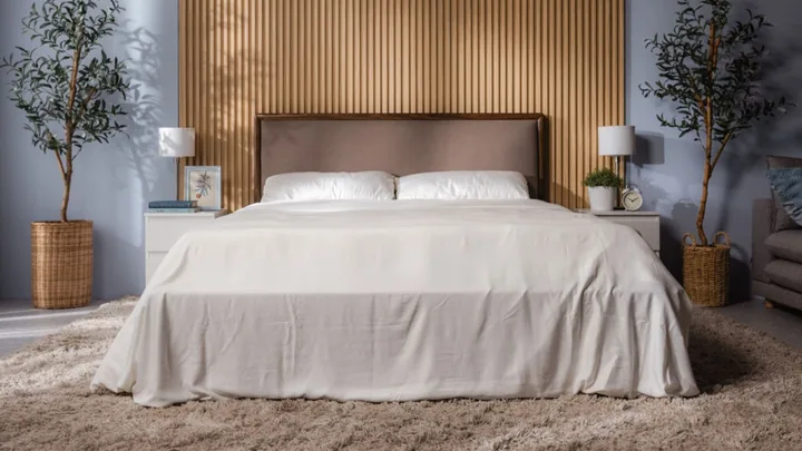 King-sized bed with white linens, two side tables with lamps, potted plants, and a wooden accent wall.