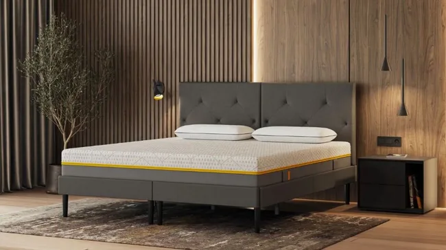 Modern bedroom with a gray upholstered bed, two pillows, wooden accent wall, nightstand, and pendant lights.