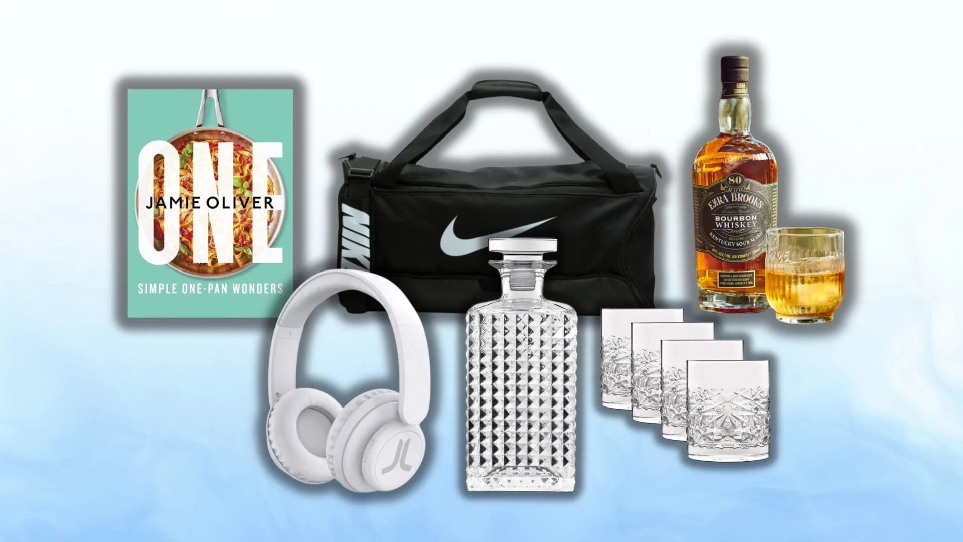 Father's Day gift ideas: Jamie Oliver cookbook, Nike bag, whiskey, decanter set, headphones.