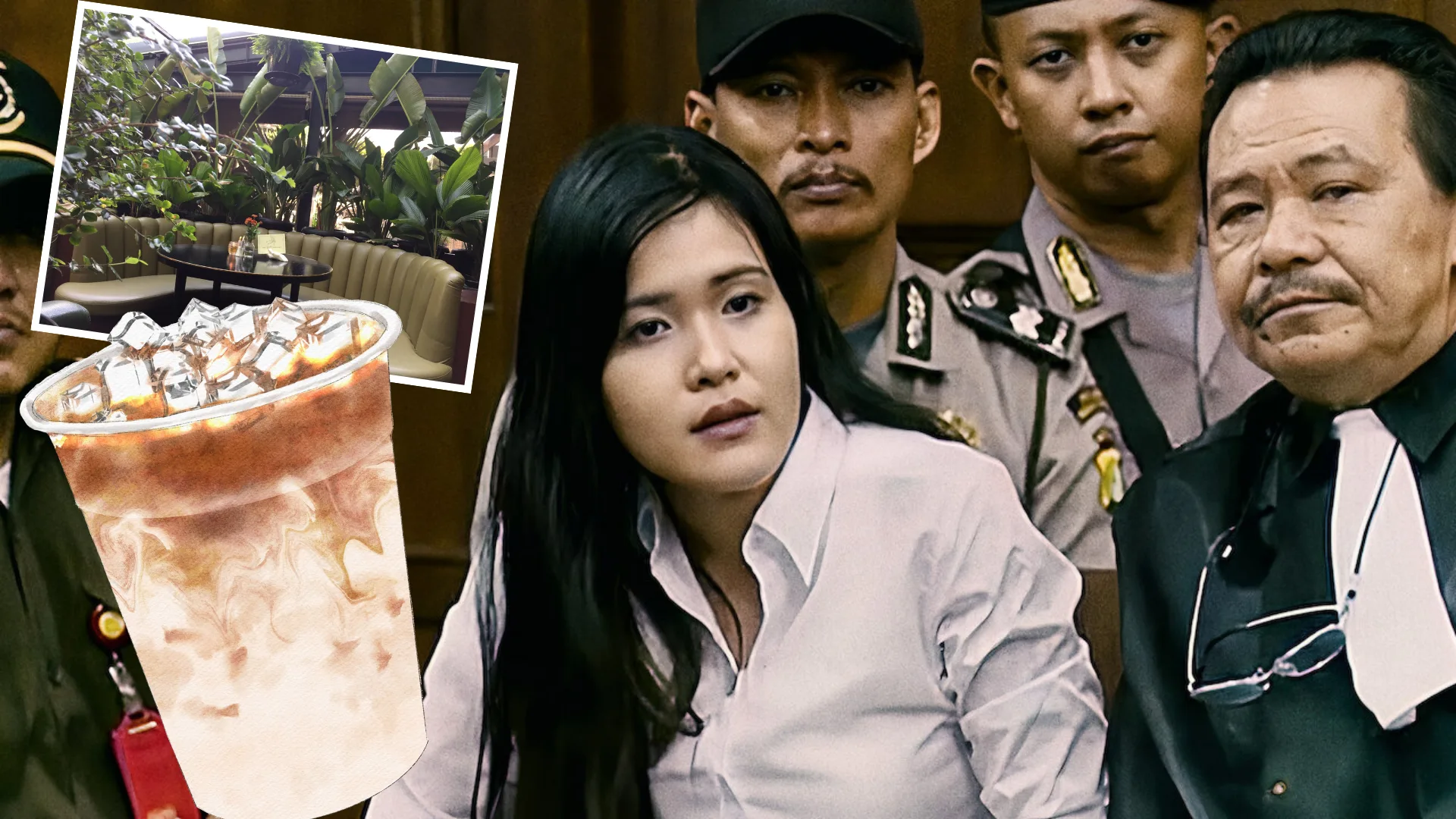 Female in court, surrounded by officials, with overlay of iced coffee and restaurant scene.