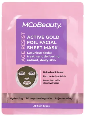 MCoBeauty Active Gold Foil Facial Sheet Mask package for radiant skin; pink packaging with product details and mask illustration.