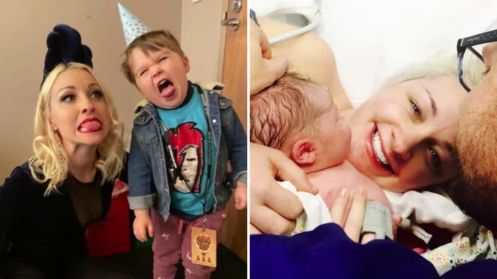 Two photos: Left shows a woman and child making funny faces; right shows a woman smiling, holding a newborn baby.