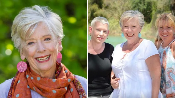 Elderly woman with short white hair smiling; wearing colorful earrings and scarf in one image, with two women in the other.