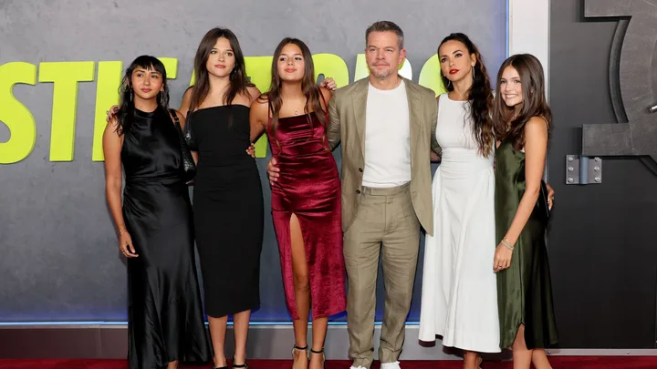 Alexia Barroso, Isabella Damon, Gia Damon, Matt Damon, Luciana Barroso and Stella Damon attend Apple Original Films' "The Instigators" New York Premiere