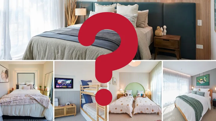 Collage of four bedroom styles with a large red question mark overlay.