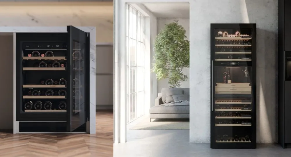 Dual wine coolers with glass doors showcasing wine bottles, one integrated under-counter and the other freestanding.