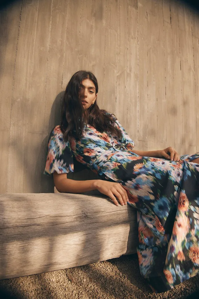 Model wearing Review Australian printed dress