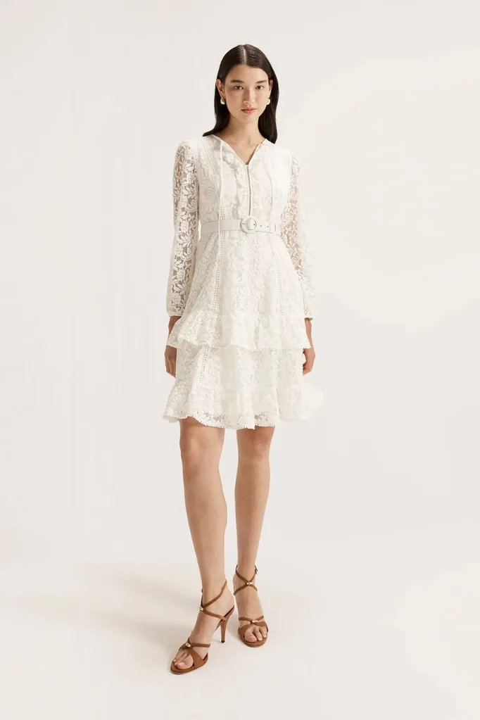 Review white lace dress with sleeves and frill