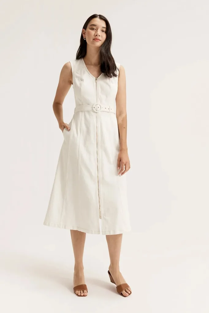 Review white denim midi dress with belt