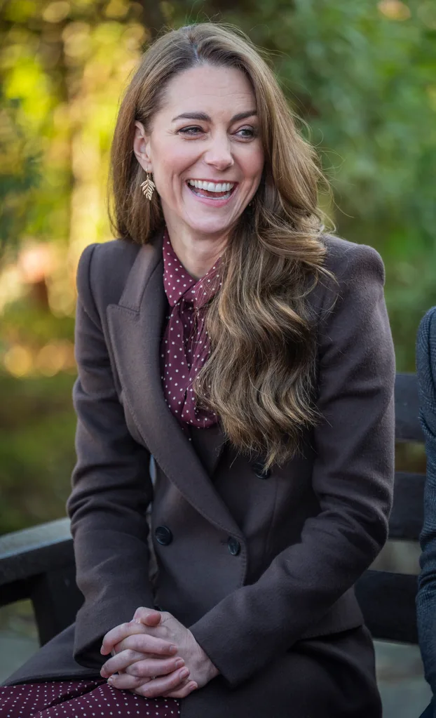 kate middleton makes her return to royal duties and wears a chocolate brown coat and a polka dot burgundy shirt