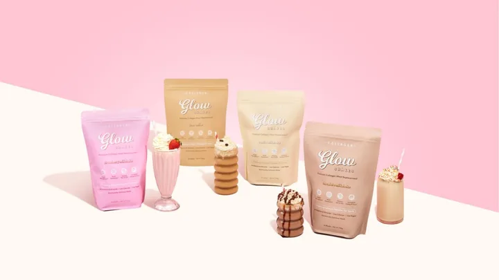 Glow shakes in pink, beige, and cream packs with milkshakes on a pink and white background.