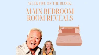 Two people smiling with "Week Five on The Block: Main Bedroom Room Reveals" text and a bed illustration in the background.