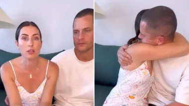 A couple sitting together; the woman appears concerned and then they embrace in the next image.