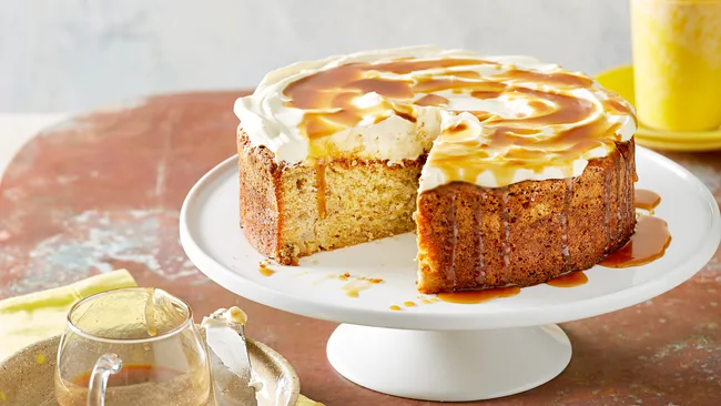 Banana almond cake with toffee sauce