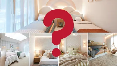 Collage of five modern bedroom designs with a large red question mark overlay and various decor styles.
