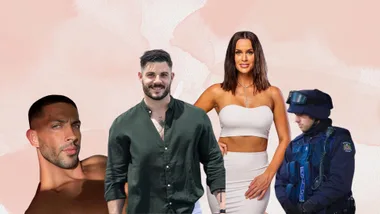 Four people posing against a light pink background, one in tactical gear.