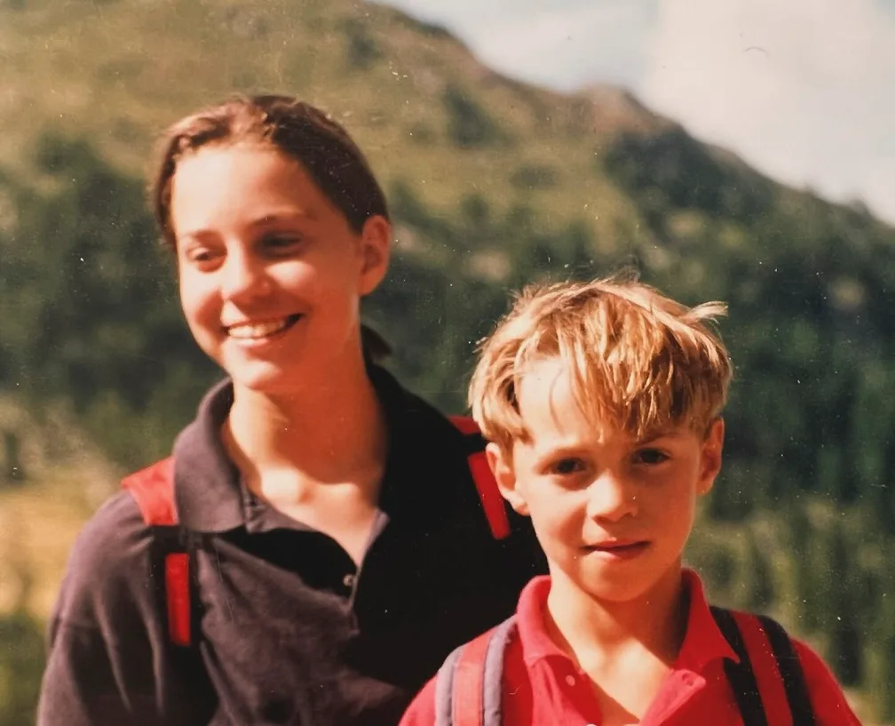 kate middleton and brother james as children on a mountain