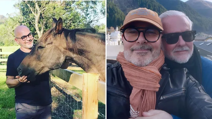 Neale Whitaker with his horse, Bill, and with his partner David Novak-Piper