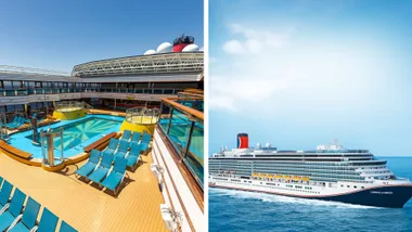 carnival cruise deck next to an image of a carnival cruise ship