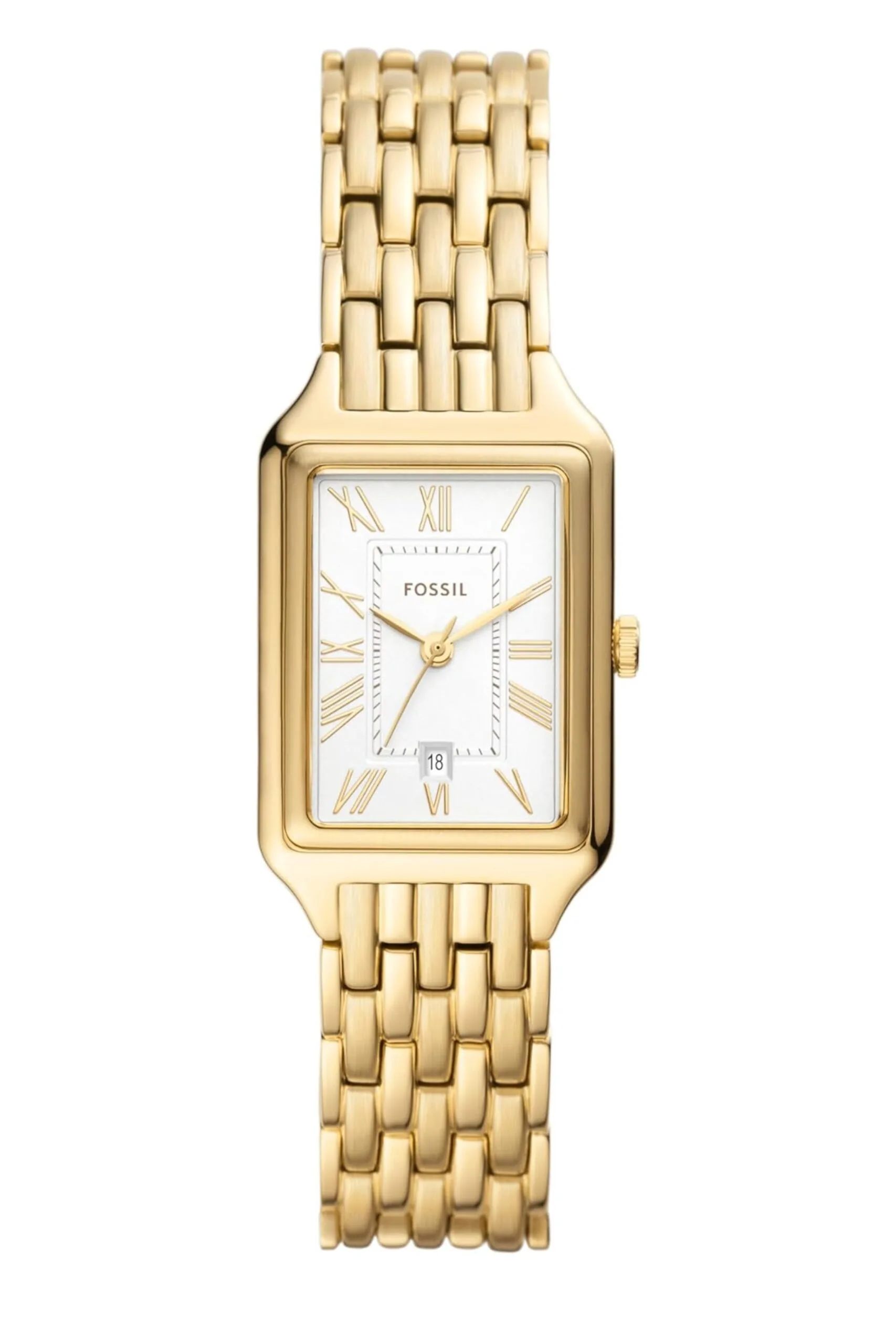 Fossil Raquel gold stainless steel watch with three-hands and date window.