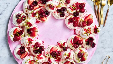 Cherry Berry Pavlova Wreath with Hibiscus Syrup