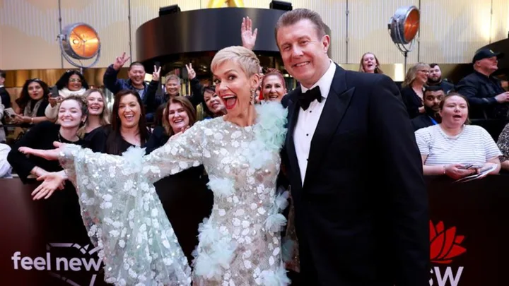 Jessica Rowe and Peter Overton at the 64th TV WEEK Logie Awards in 2024.
