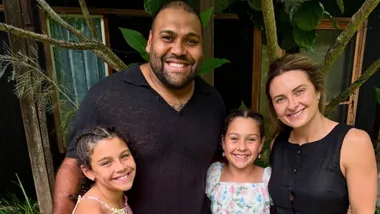 Sam Thaiday with his wife Rachel, and daughters Ellsie and Gracie