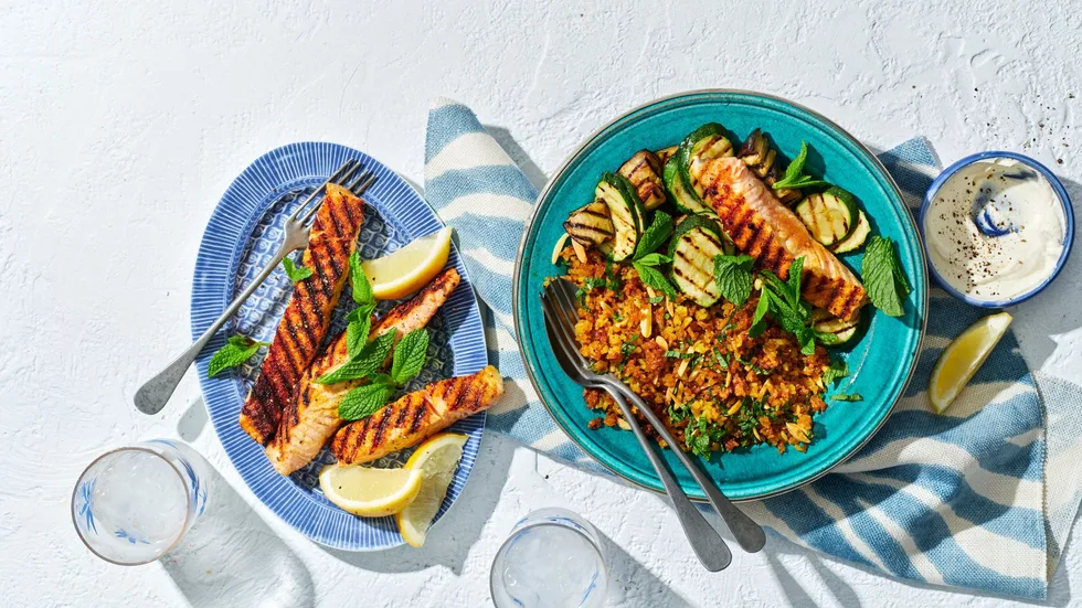 crispy moroccan salmon rice bowls