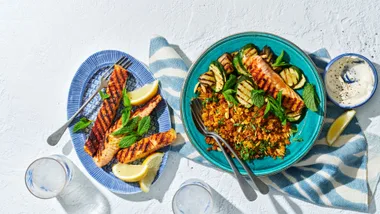 crispy moroccan salmon rice bowls