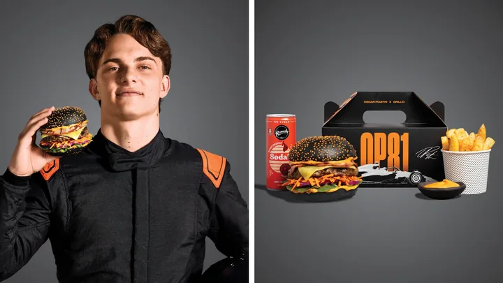oscar piastri holding his grill'd burger