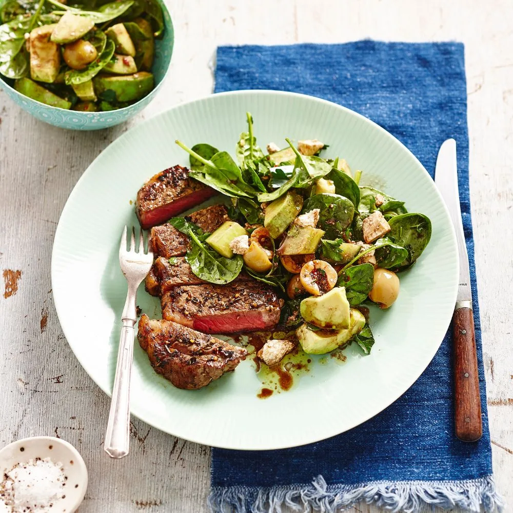 tuscan steak with olive avocado salad