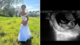 Domenica Calarco in a white dress holding a book and her sonogram