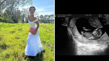 Domenica Calarco in a white dress holding a book and her sonogram