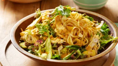 A flavoursome Spicy Chicken Satay Noodle Salad everyone will love