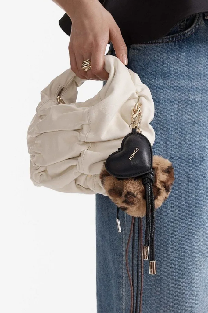 mimco cram bag with heart and leopard print bag charm