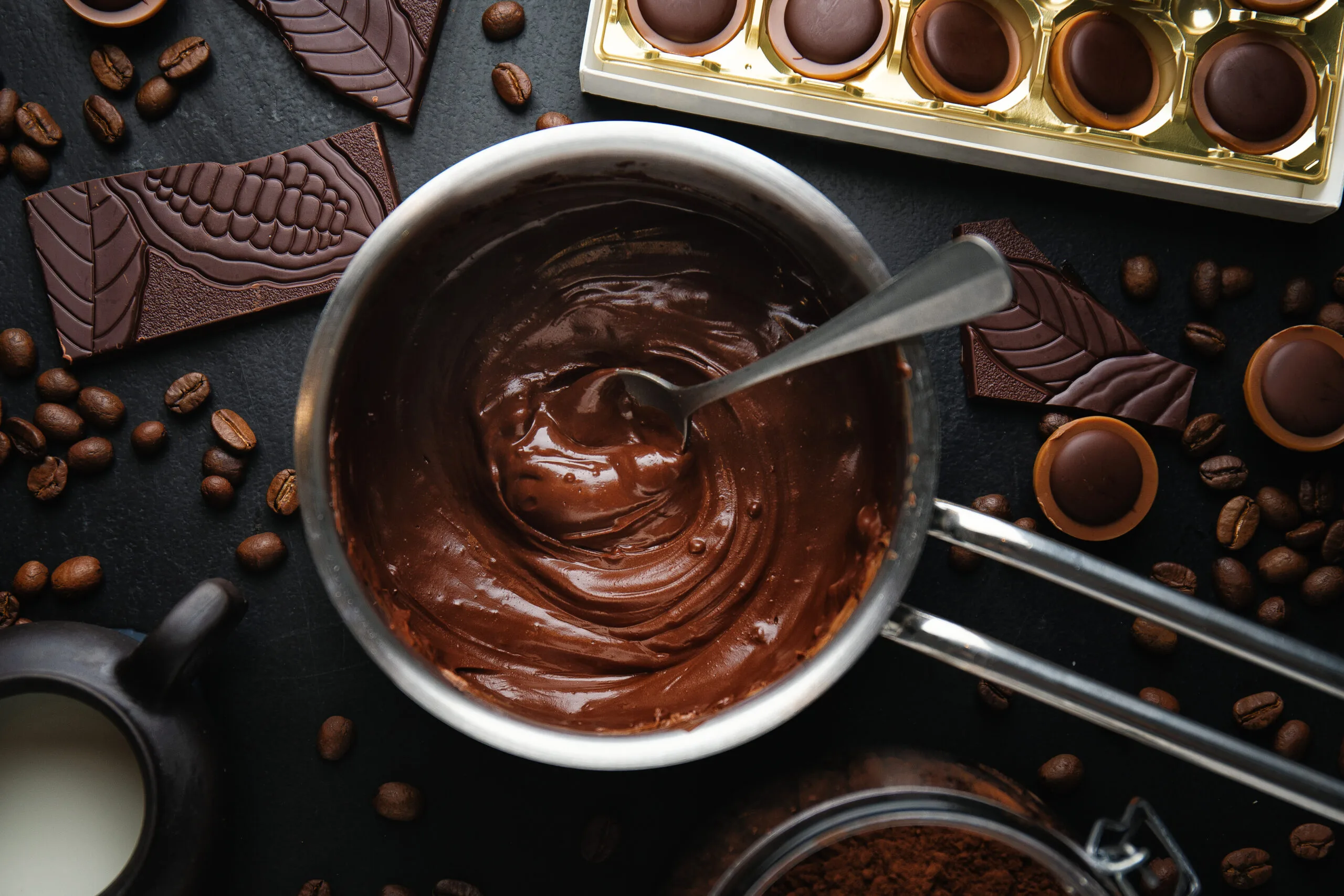 Melted dark chocolate in a mixing bowl.