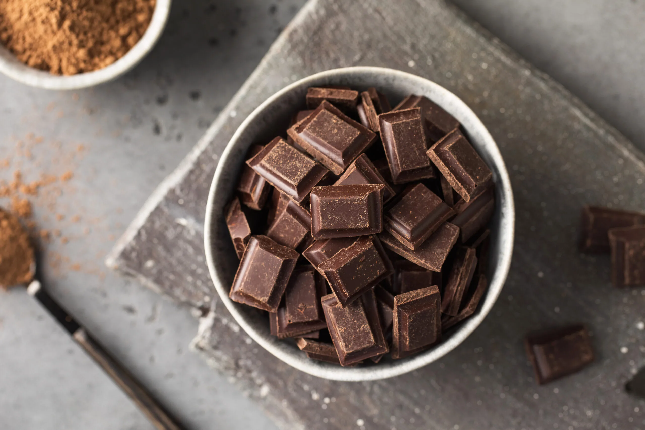 Squares of dark chocolate in a bowl.