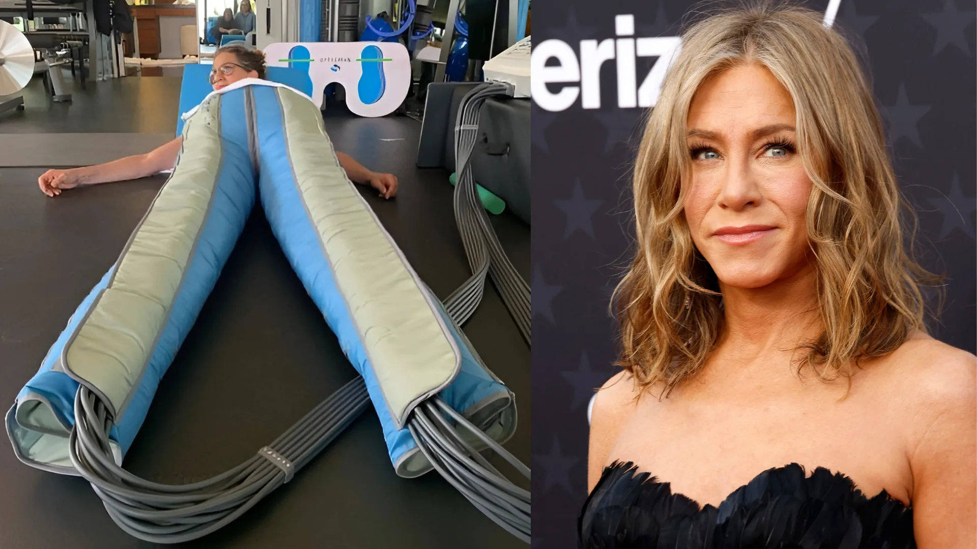 Actress Jennifer Aniston using the Ballancer Pro lymphatic drainage suit