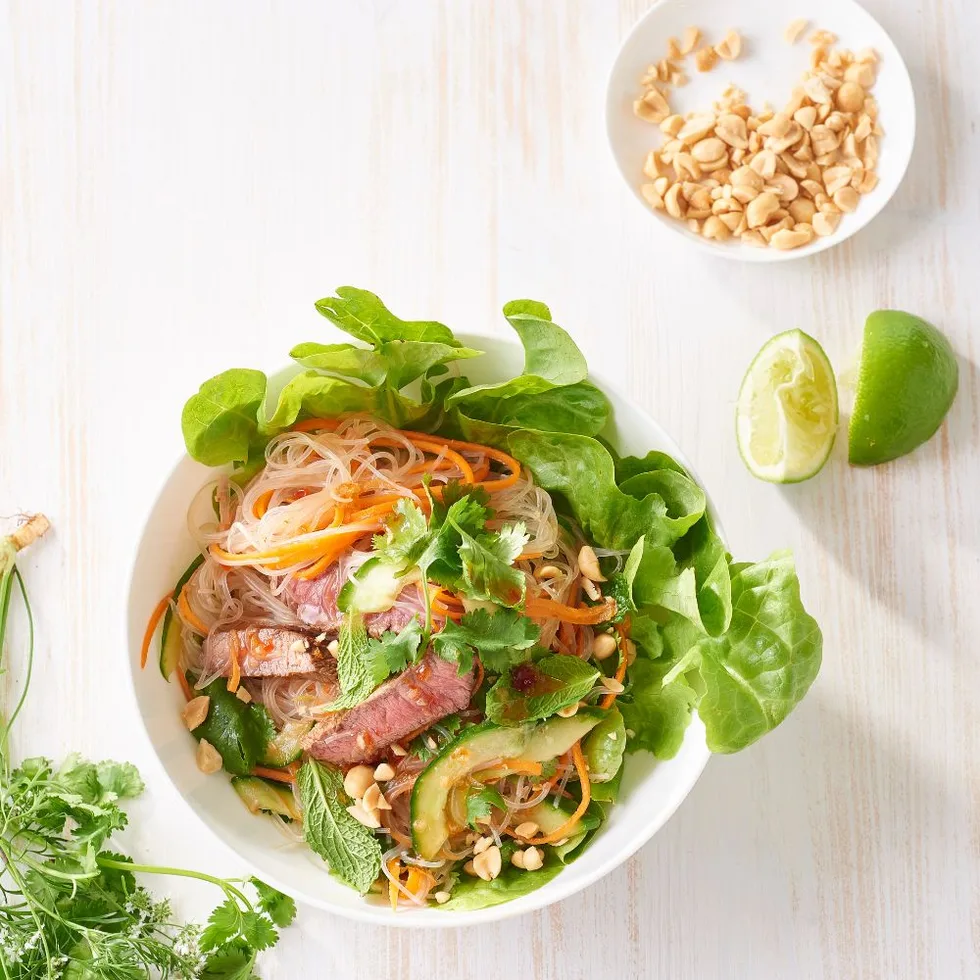 lemongrass beef and noodle lettuce bowl