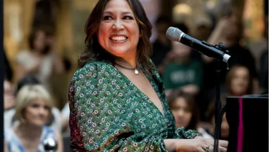 Kate Ceberano in front of microphone