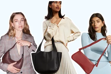 three models showcasing three different hand bags