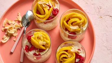 Coconut Rice Pudding with Mango and Raspberries