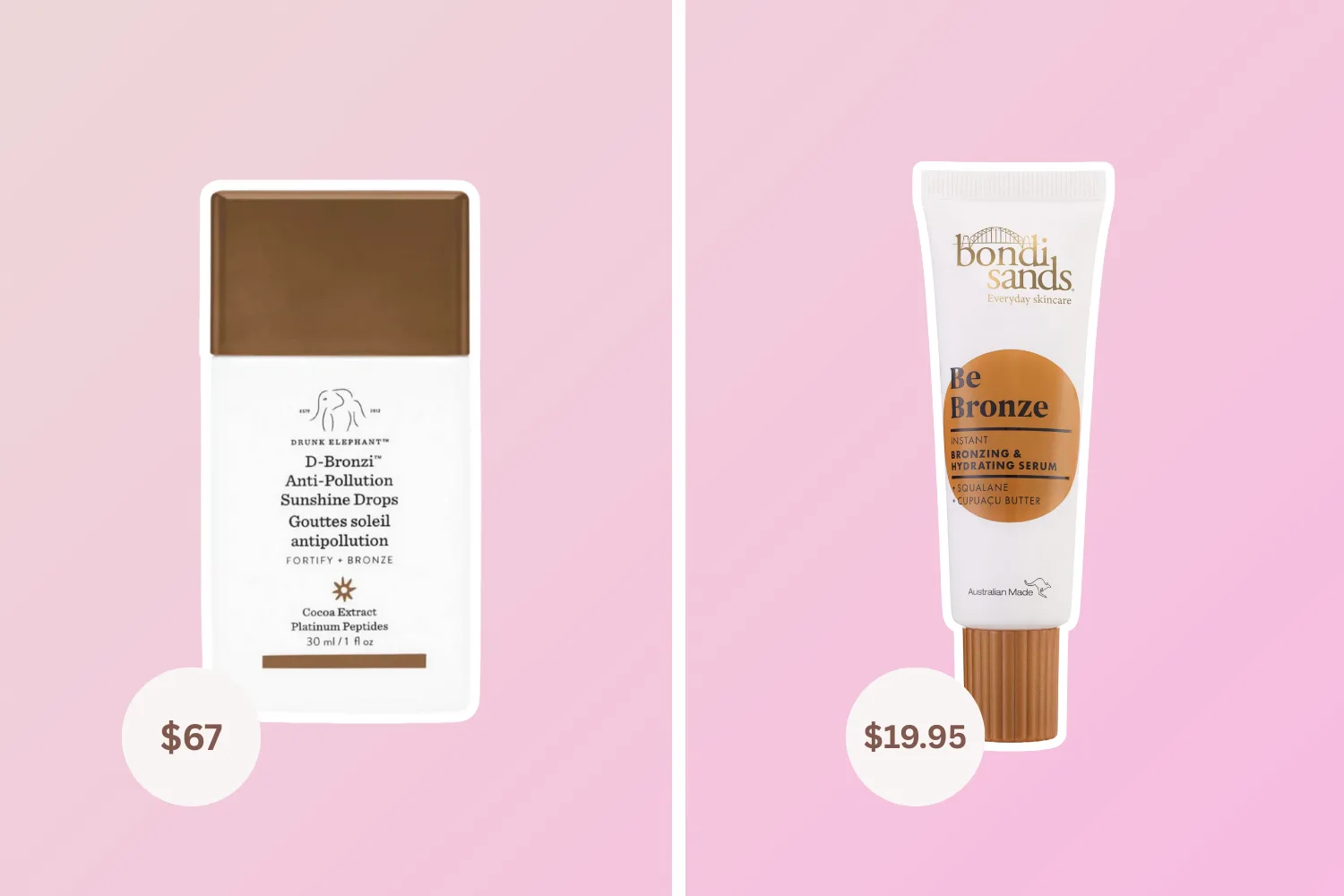 drunk elephant bronzing drops and bondi sands be bronze derum 