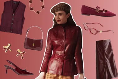 Lilly Collins wearing cherry red fashion trend in Netflix series Emily in Paris