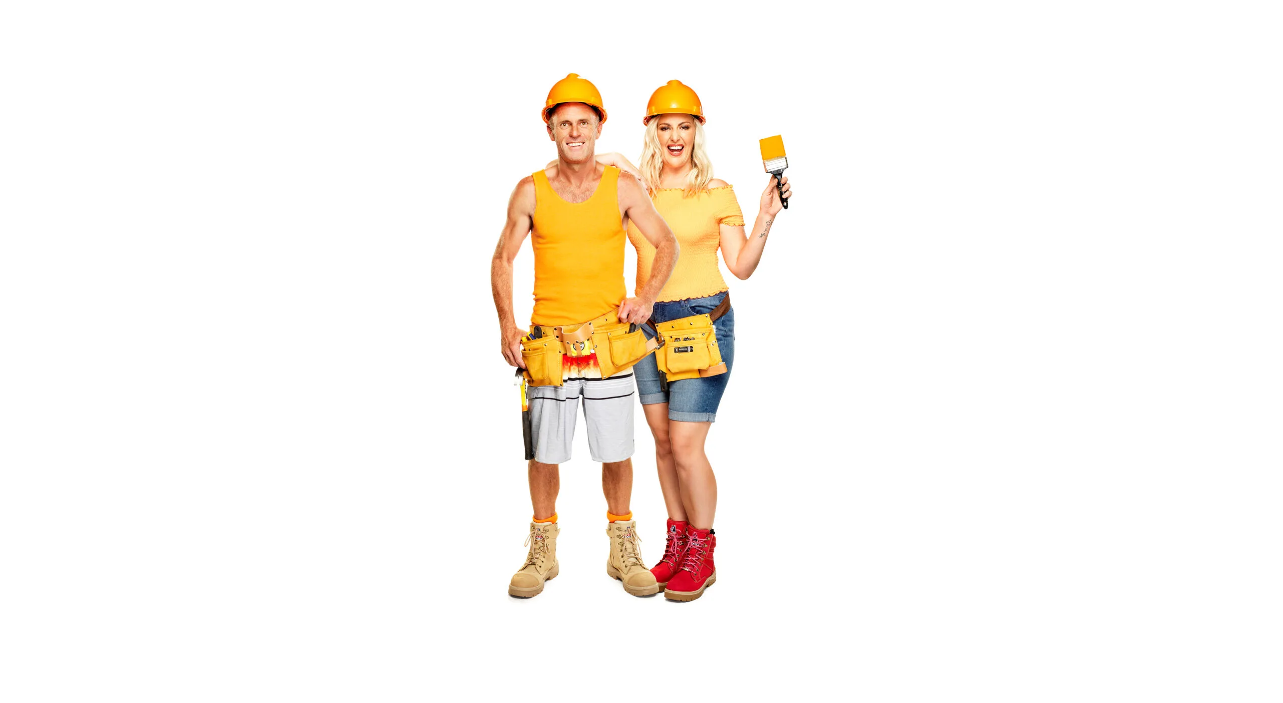Norm Hogan and Jess Eva wearing orange t-shirts and toolbelts to promote The Block.