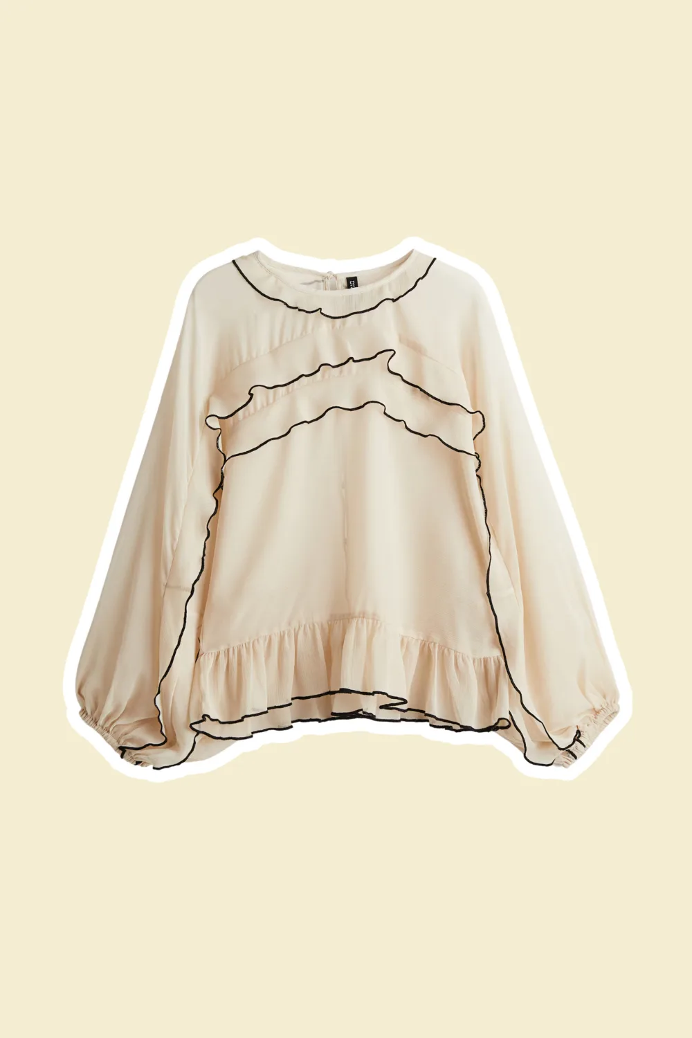 h&m cream ruffle blouse with black trim